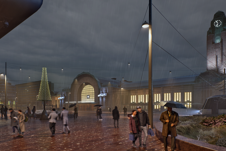 Havainnekuva ihmisistä rautatieaseman edustalla marraskuisessa vesisateessa.