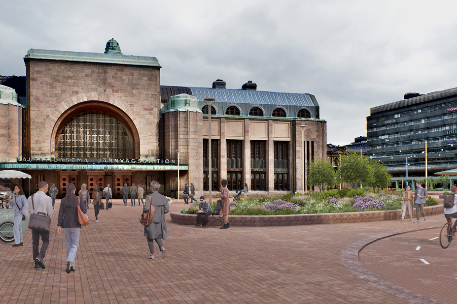 Havainnekuva ihmisistä Asema-aukiolla.