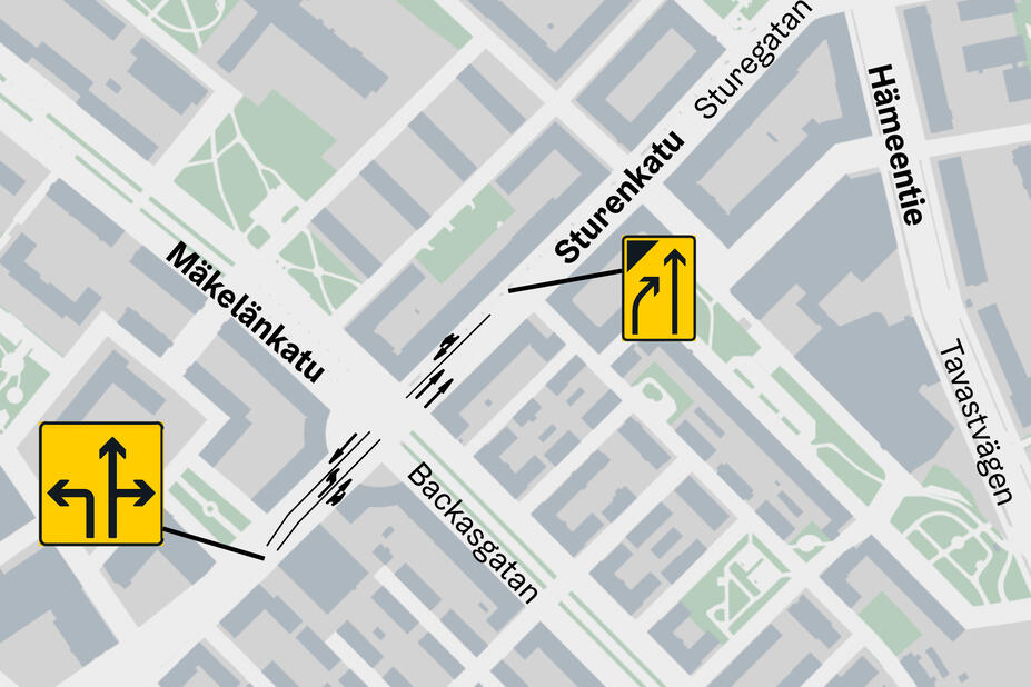 Kartta Sturenkadun ja Mäkelänkadun risteysalueen kaistamuutoksista