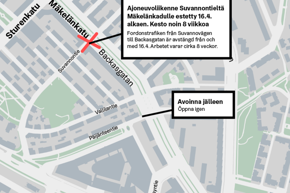 Kartta Suvannontien ja Päijänteentien liikennejärjestelyistä.