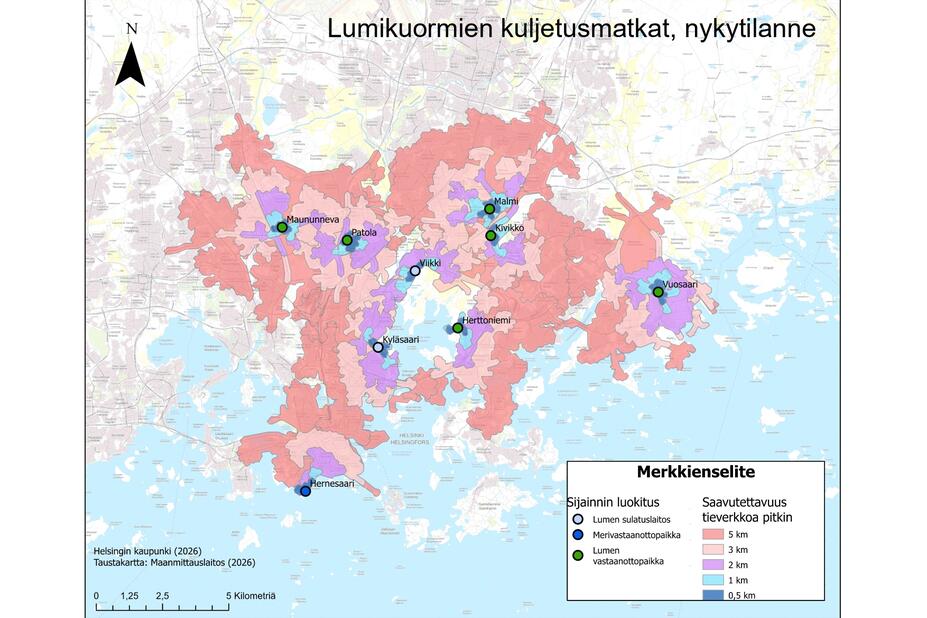 Kartalla nykyiset lumenvastaanottopaikat ja lumenkuljetuksen etäisyydet.