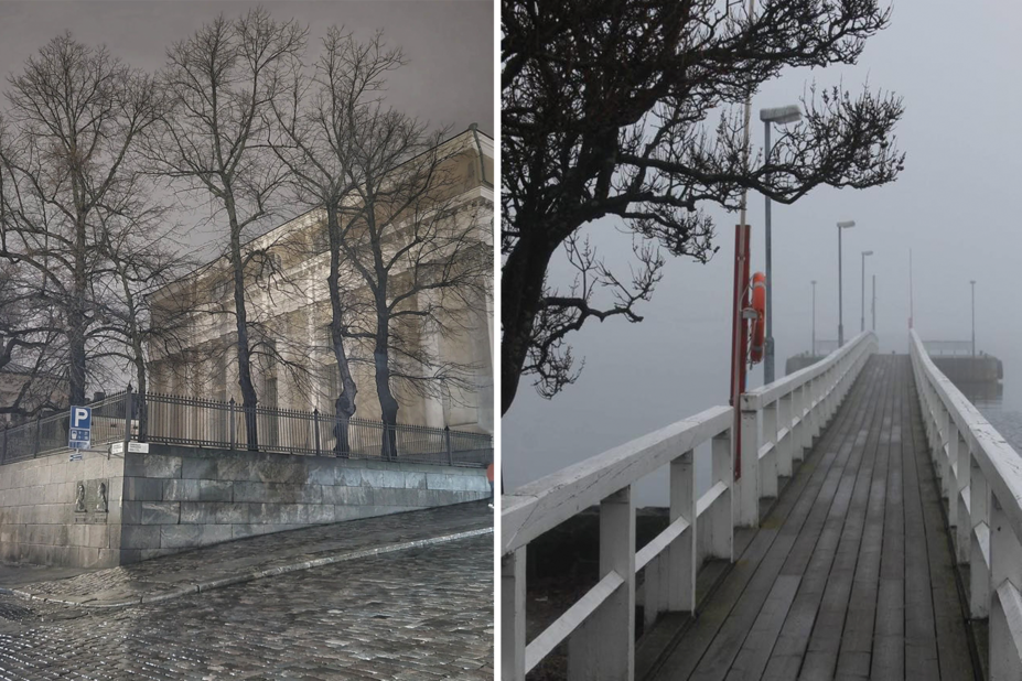 Sumuinen keskusta ja laituri.