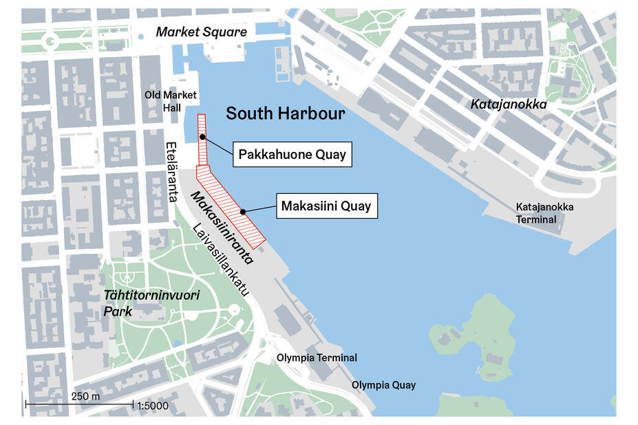 Map shows the location of Pakkahuone quay, makasiini quay and other landmarks at the area.