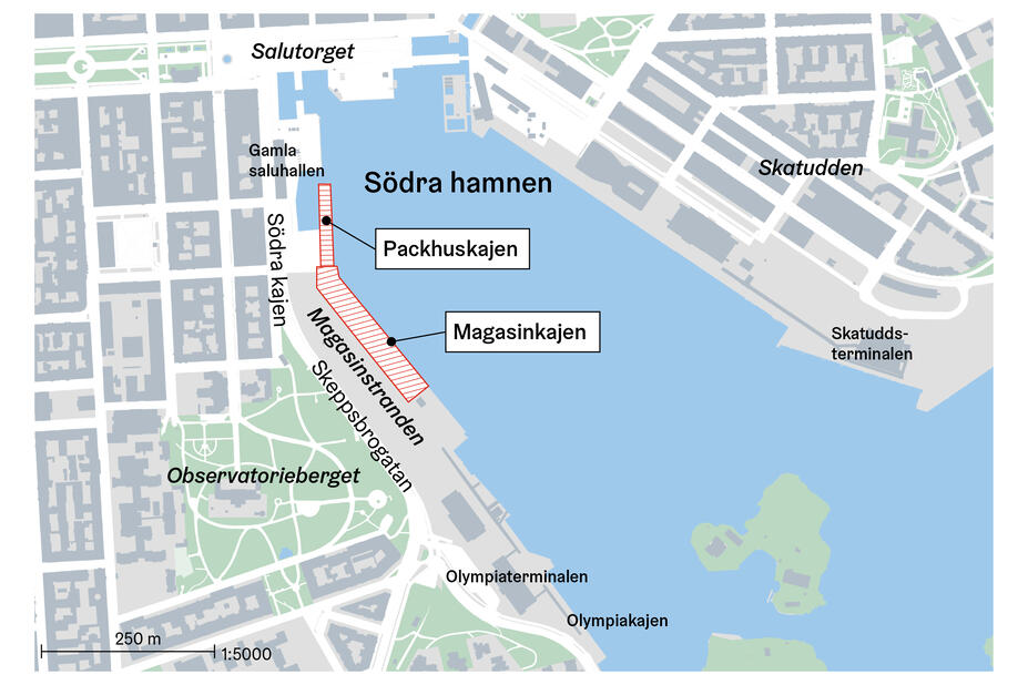 På kartan är Magasinskajen, Packhuskajen och andra centrala landmärken markerade.