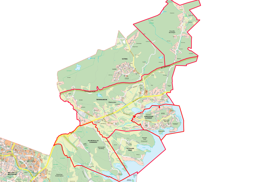 Östersundomin kartta, johon rajattu puunkaatoalueet.