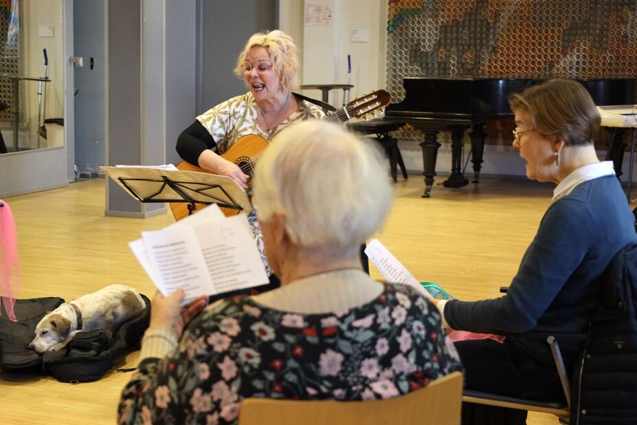 Participants sing at the ‘Mukaan musiikkiin’ music group.