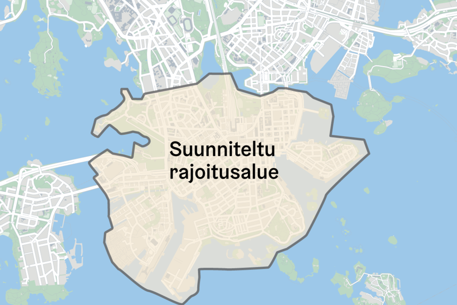 Kartalla alue, jolle suunniteltu rajoituksia. Uudet pysäköintirajoitukset tulisivat voimaan Etu-Töölössä, Kampissa, Kluuvissa, Kruununhaassa, Katajanokalla, Kaartinkaupungissa, Ullanlinnassa, Kaivopuistossa, Eirassa, Punavuoressa, Jätkäsaaressa ja Ruoholahdessa.