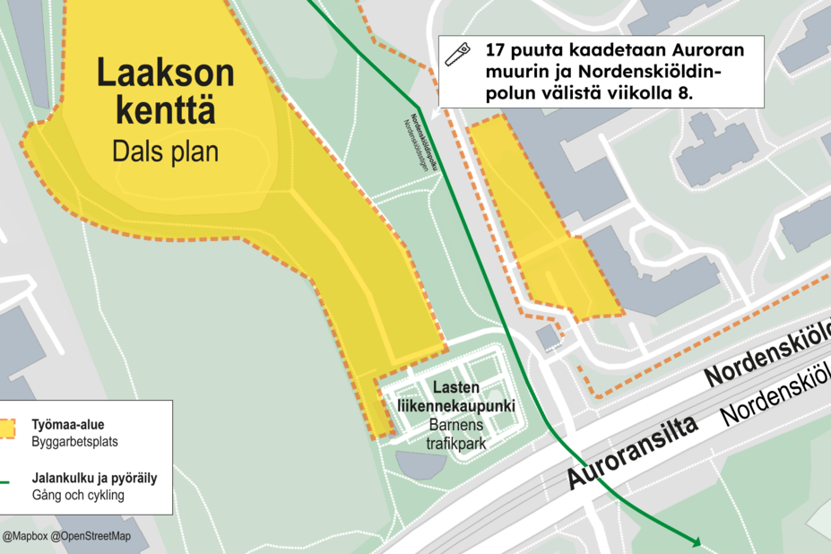 Karttaote, jossa näkyy kaadettavien puiden sijainti, Nordenskiödinkatua, Auroranportti ja ratsastuskenttää. 