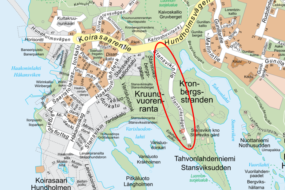 Stansvikintie kartalle merkittynä.