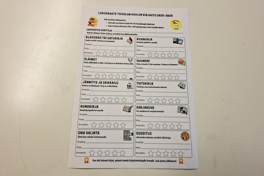 Lukuhaaste paperina pöydällä.