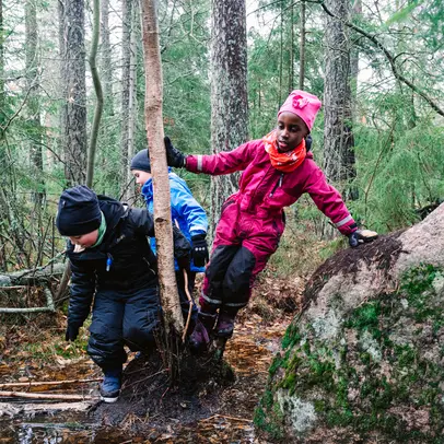 Three children playing in the forest.