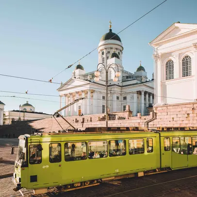 Helsinki Cathedral in a sunset seen from the Senate square.