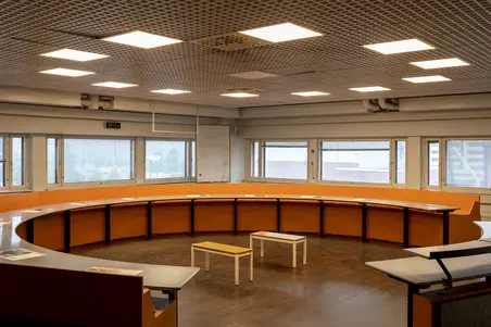 The former control room of the power plant on the fourth floor of the office tower.
