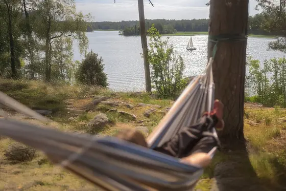 A person is lying in a hammock. The hammock is attached to a tree. In the background, you can see the sea and a sailing ship.