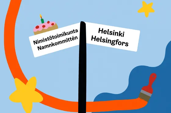 Värikäs kuvitus, jossa tienviitta teksteillä Nimistötoimikunta ja Helsinki.