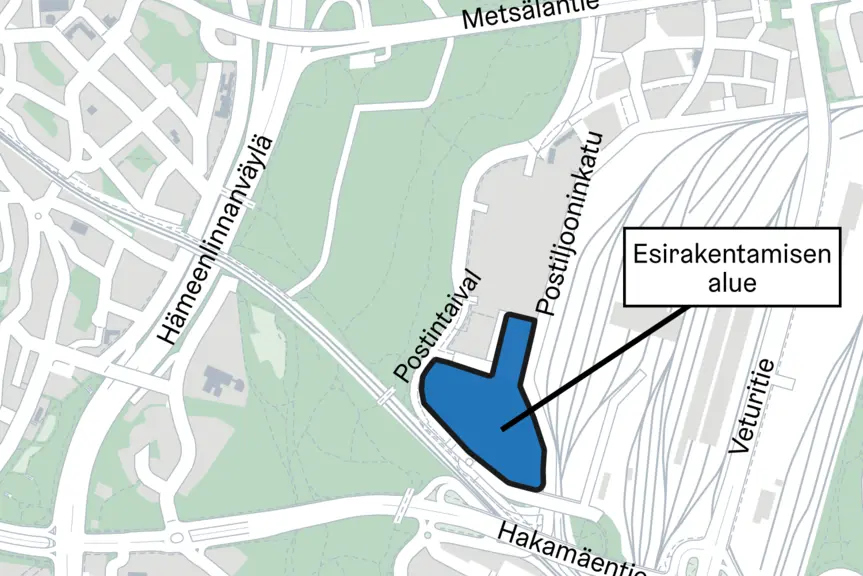 Kartta Eteläisen Postipuiston esirakentamisalueesta.