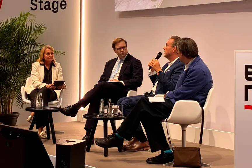The panel discussion on Hanasaari at Expo Real featured Daniel Sazonov, Mayor of Helsinki; Andreas Kleinau, Managing Director of HafenCity Hamburg; Professor Jacob van Rijs of the architectural firm MVRDV; and panel moderator Hanna Kaleva, Managing Director of KTI Finland.