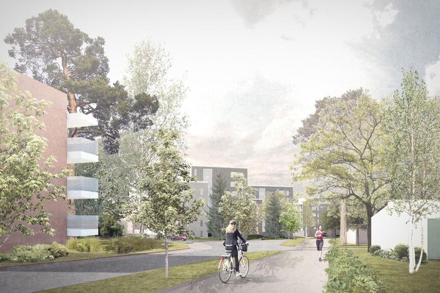 En visionsbild från Ramsöuddsvägen visar hur ett bostadskvarter skulle kunna se ut