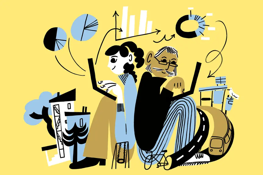 Stylised illustration of two people sitting back to back with laptops on their laps.