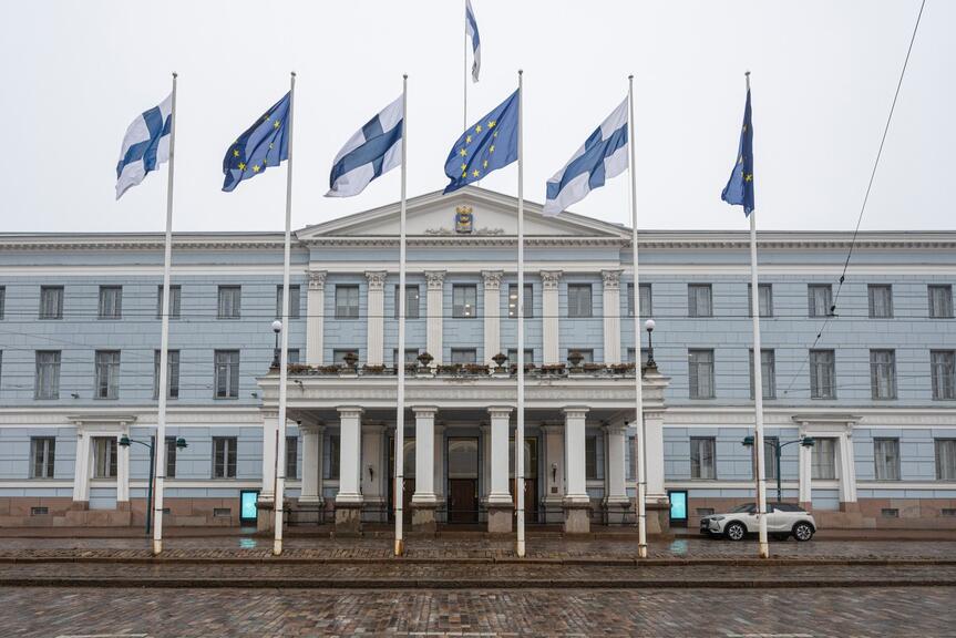 EU-liput Helsingin kaupungintalon edessä.