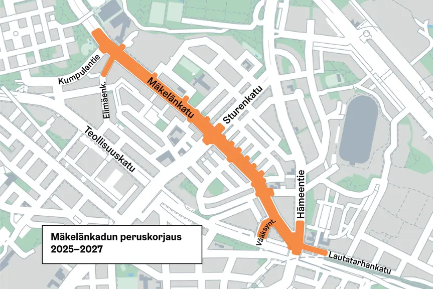 Kartta, johon on merkitty tulevan työmaa-alueen sijainti.
