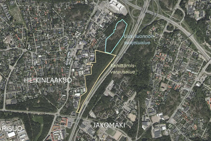 Kehittämisvarausalue ja tuleva luonnonsuojelualue esitettynä kartalla.