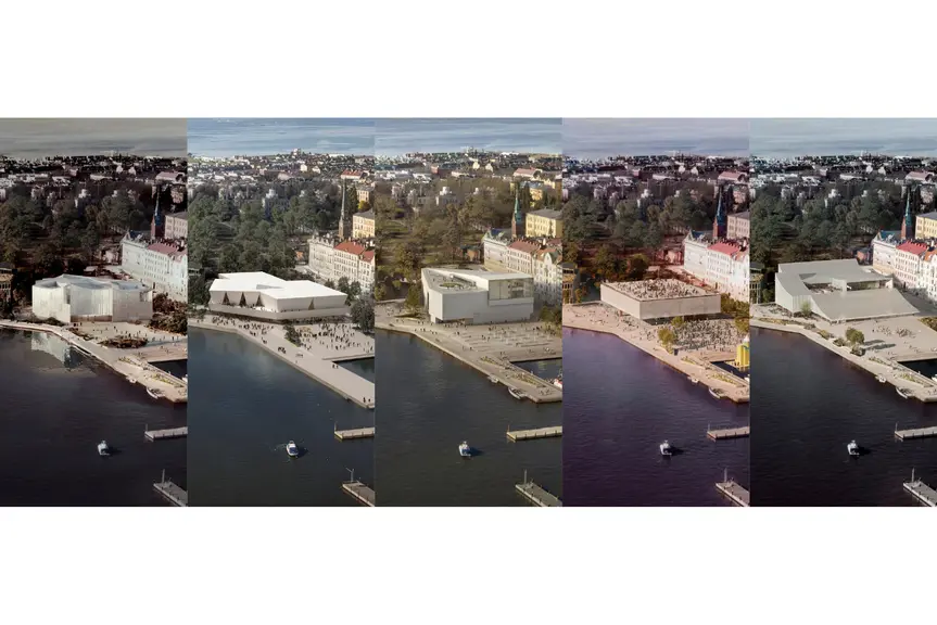 Kollaasikuva uuden arkitehtuuri- ja designmuseon finalistitöistä.
