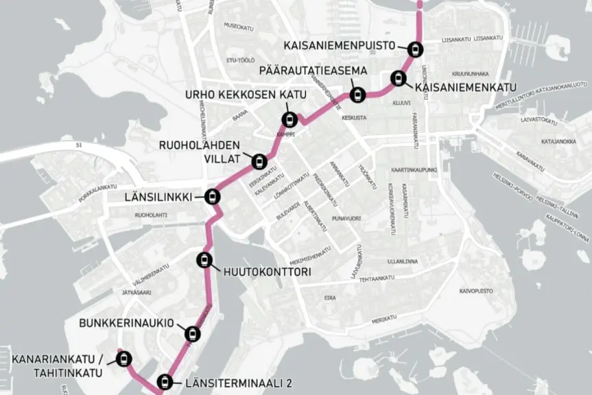 Karttakuva, johon on merkitty raitiolinjan reitti ja pysäkit.