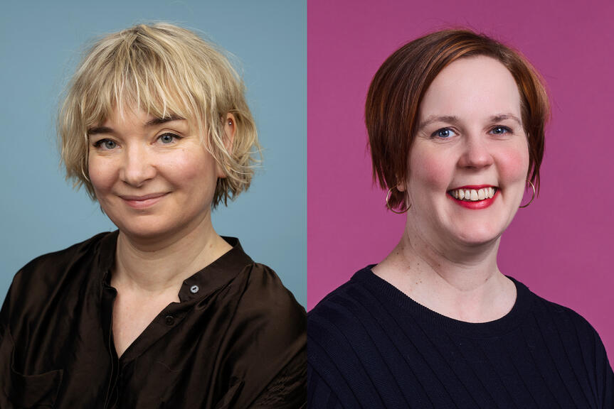 En närbild av Lotta Muurinens och Salla Tammis leende ansikten.