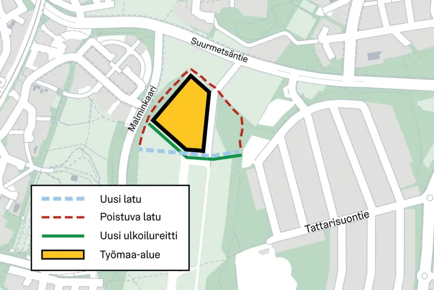 Kartta työalueesta ja ulkoilureiteistä kentän pohjoisosassa.