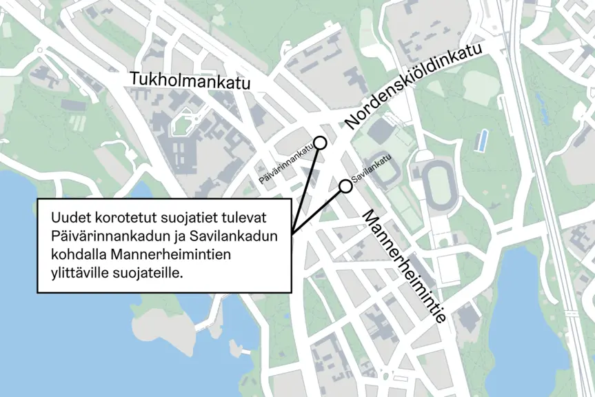 Uudet korotetut suojatiet rakennetaan osana Mannerheimintien peruskorjausta. Kartta sijainneista.