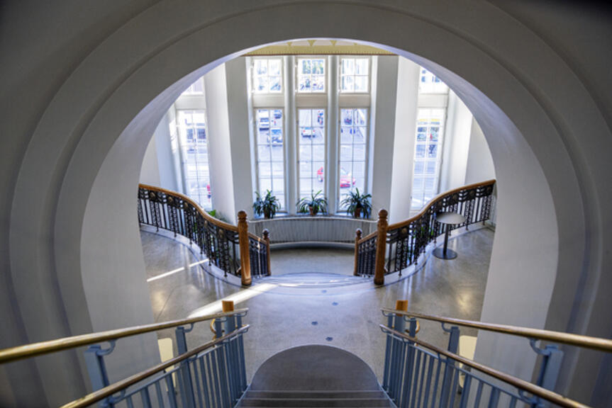 Photo of the stairs of Kallio Library