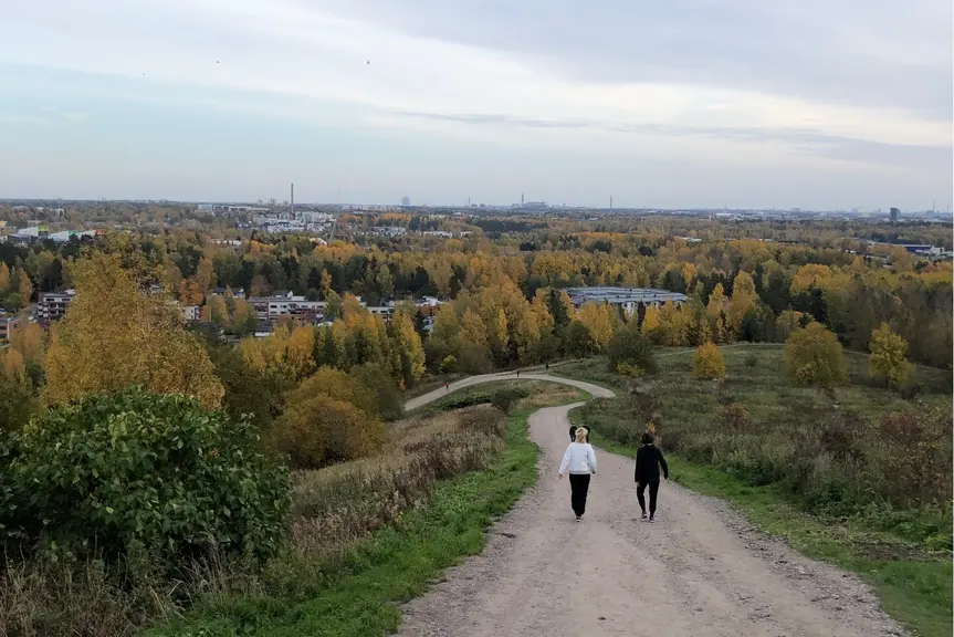 Kuva Malminkartanonhuipulta, taustalla puita ruskan sävyissä.