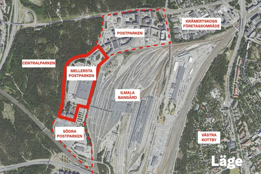 Läget för Mellersta Postparken är markerad på kartan.