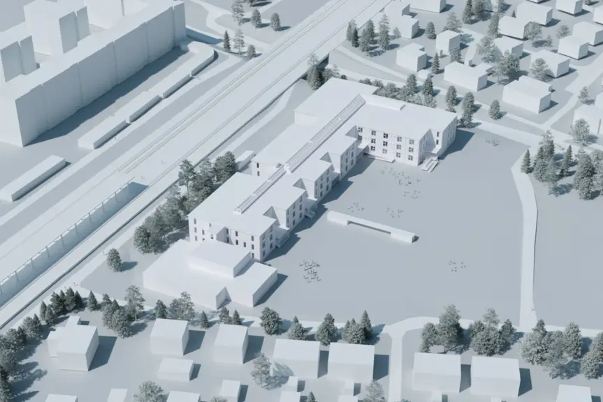 Piirroskuva uusista ja vanhoista rakennuksista.