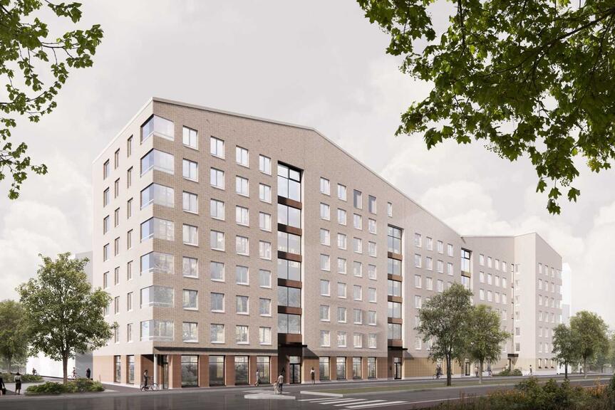Havainnekuva TA-yhtiöiden rakennuttamasta talosta.