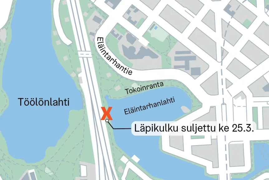 Kartta Eläintarhanlahden kannaksen reitistä.