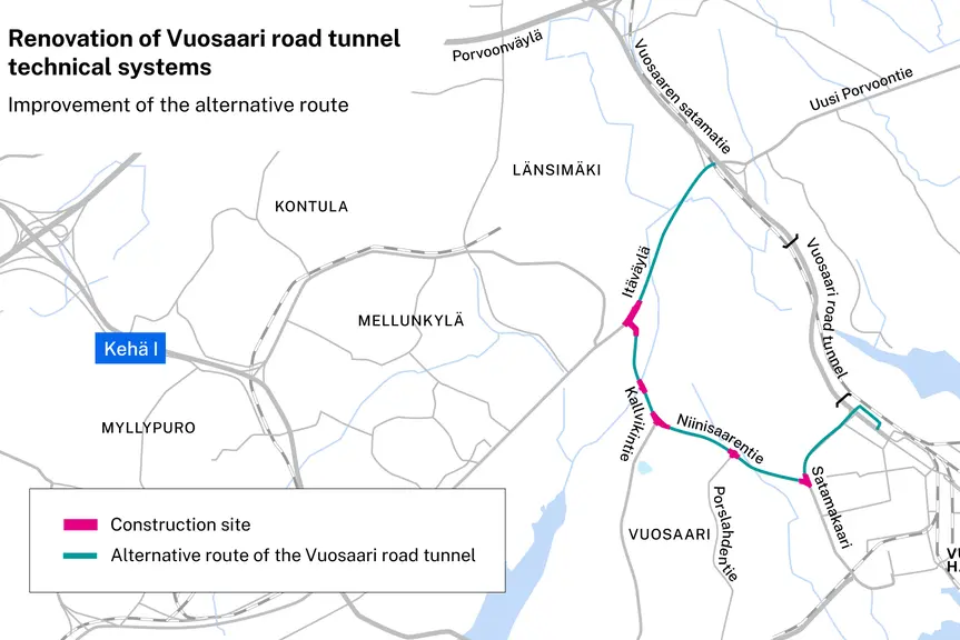 The five construction sites on the alternative route on map.