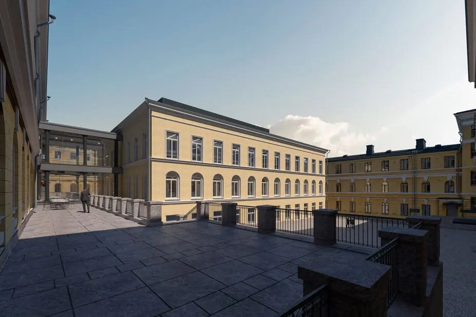 Havainnekuva sisäpihan uudisrakennuksesta.