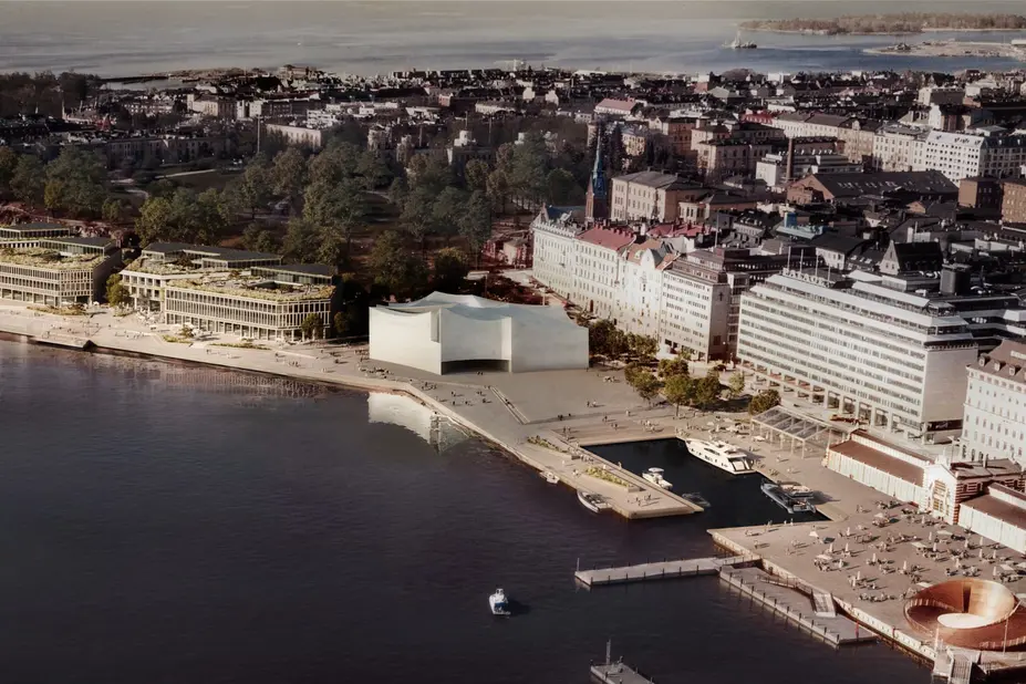 Havainnekuva, ehdotus City, Sky and Sea, uuden arkkitehtuuri- ja designmuseon suunnittelukilpailu.