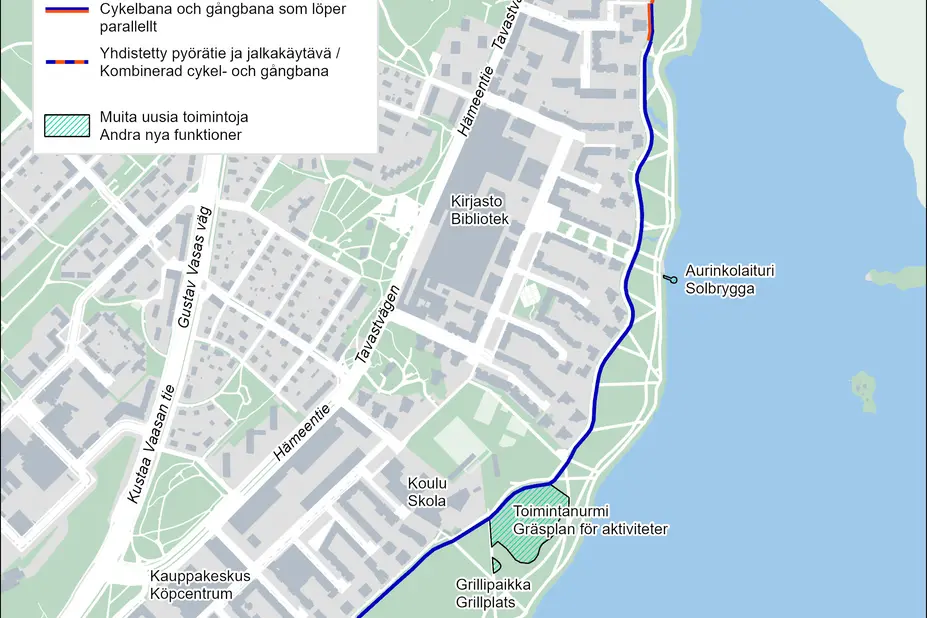 Karttakuva pyöräreitin linjauksesta puistossa.