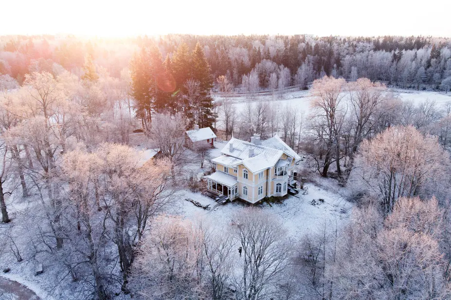 Ilmakuva puistoalueesta, jonka keskellä puuhuvila.