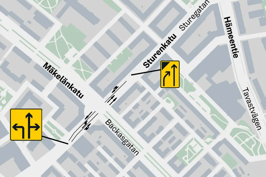 Kartta Sturenkadun ja Mäkelänkadun risteysalueen kaistamuutoksista