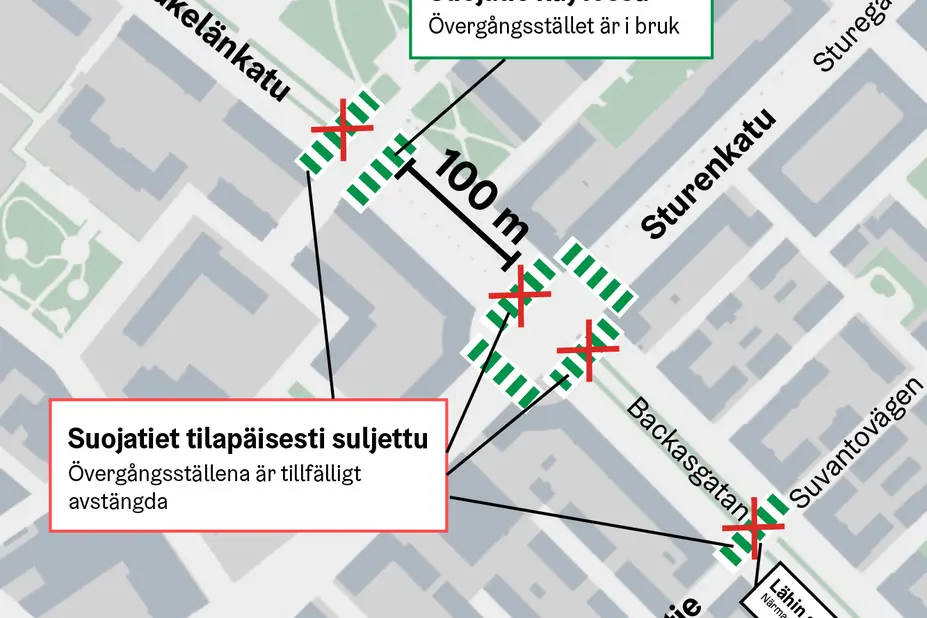Kartta Sturenkadun ja Mäkelänkadun risteysalueen suojatiemuutoksista