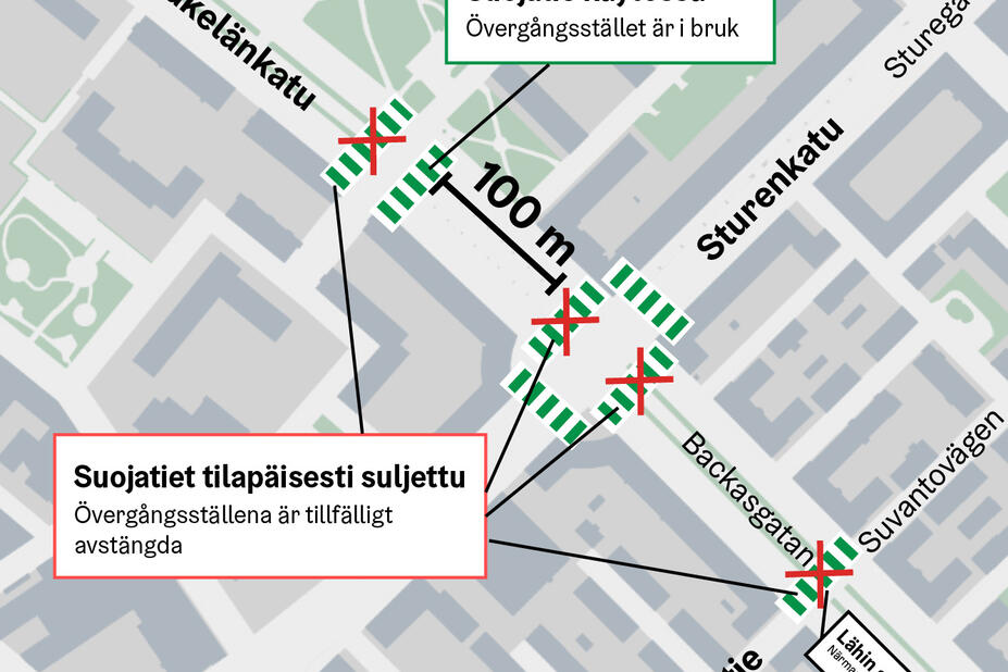 Kartta Sturenkadun ja Mäkelänkadun risteysalueen suojatiemuutoksista