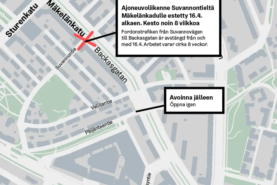 Kartta Suvannontien ja Päijänteentien liikennejärjestelyistä.