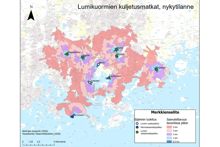 Kartalla nykyiset lumenvastaanottopaikat ja lumenkuljetuksen etäisyydet.