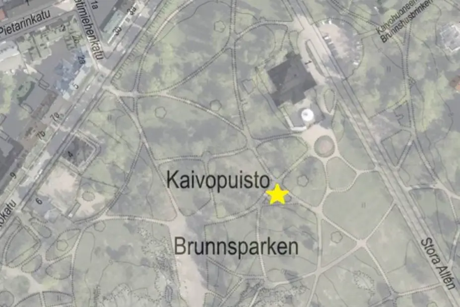 Karta över Kaivopuisto med en stjärna markerad.