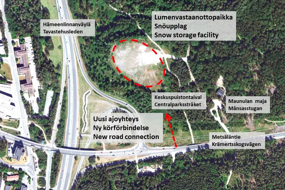 Kartta, johon on merkitty lumenvastaanottopaikan sijainti Keskuspuiston reunalla.
