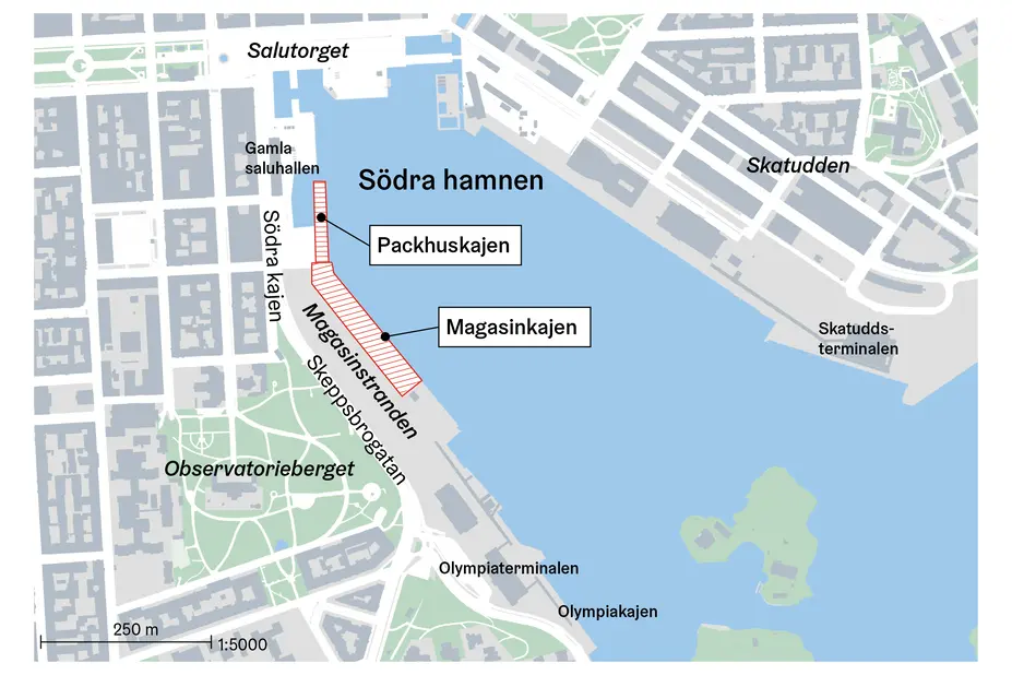 På kartan är Magasinskajen, Packhuskajen och andra centrala landmärken markerade.